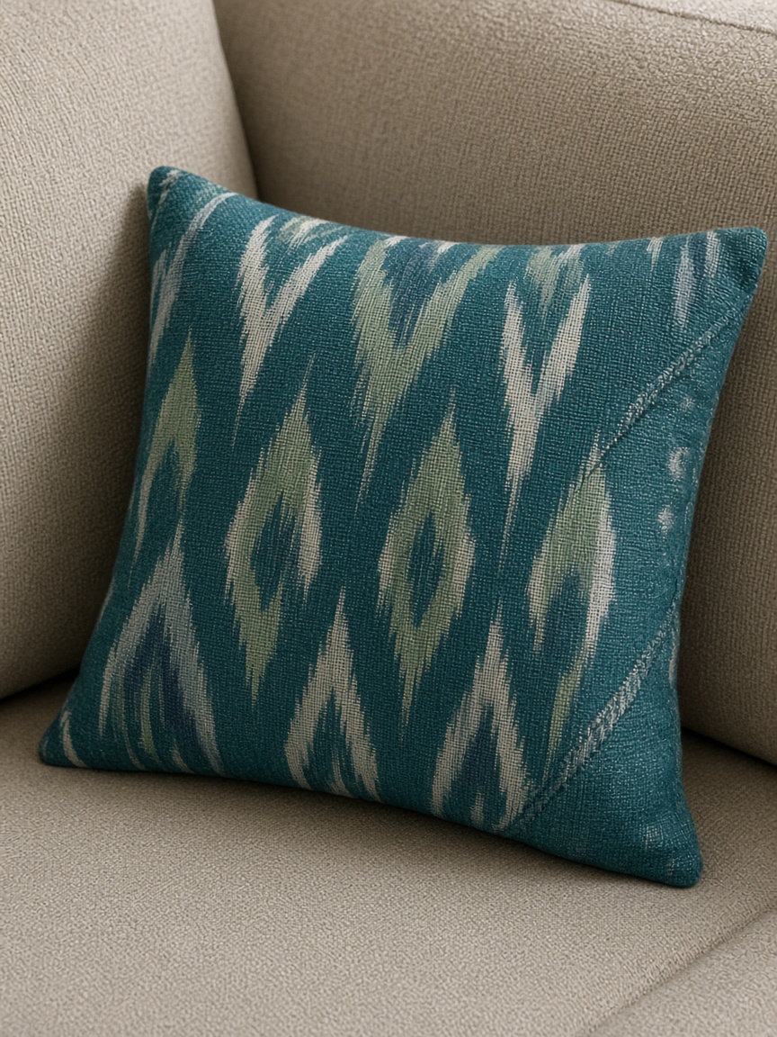 Teal Ikat Cushion Cover — Living Room